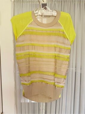 Reed Krakoff Neon Yellow and Beige Short Sleeve Knit Top